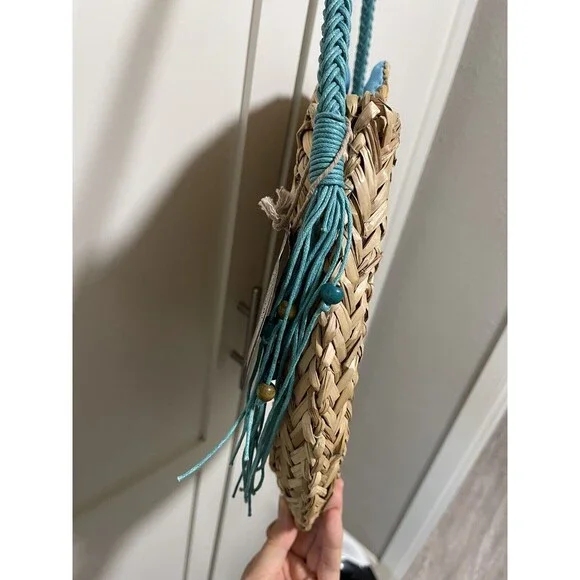 Sun N Sand Beach Bag Natural Straw round tote Blue NWT - Picture 3 of 7